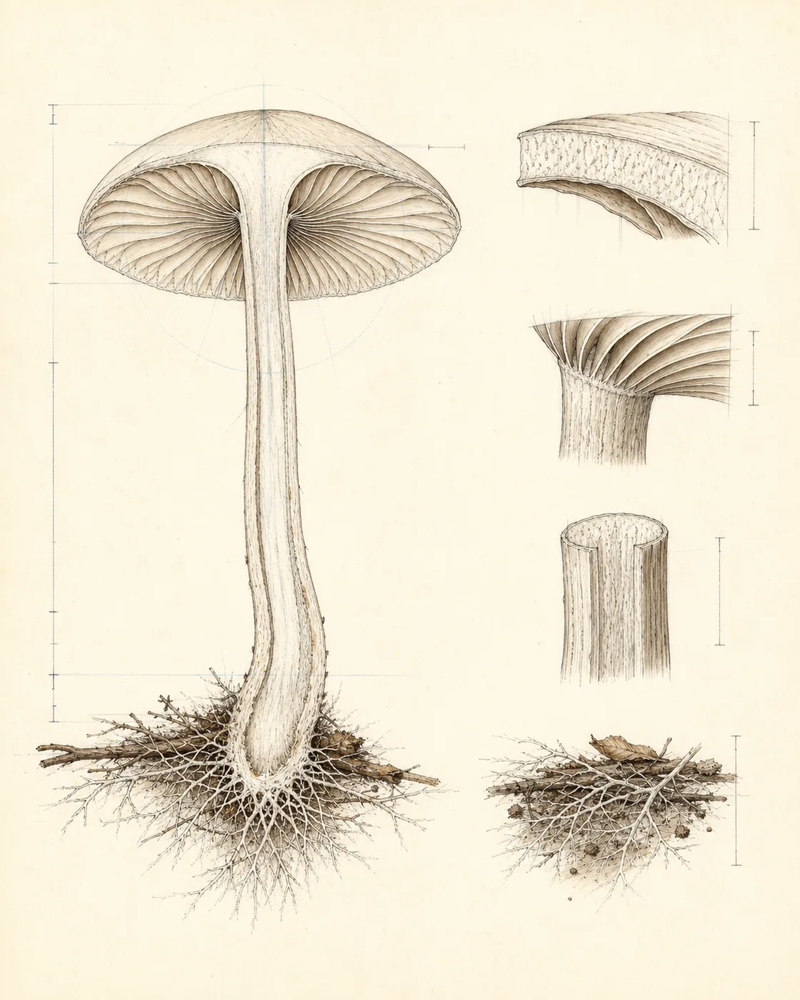 Lámina anatómica general de un basidioma agaricoide en sección longitudinal, con píleo, laminillas, contexto, estípite, base y micelio.