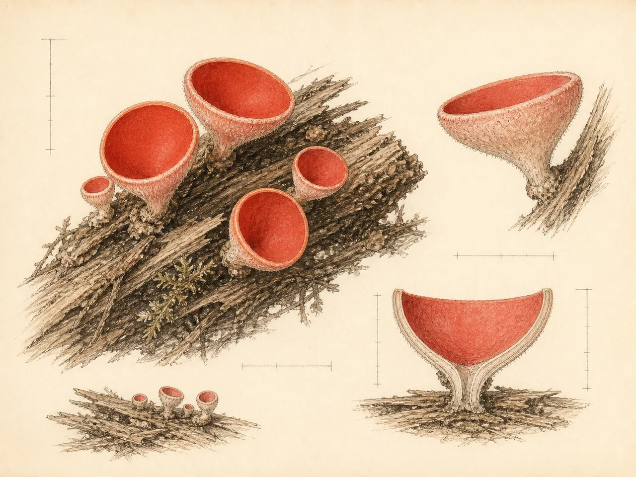 Lámina ilustrada de Cookeina sulcipes con hábito, copa, estípite, sección y detalle microscópico.