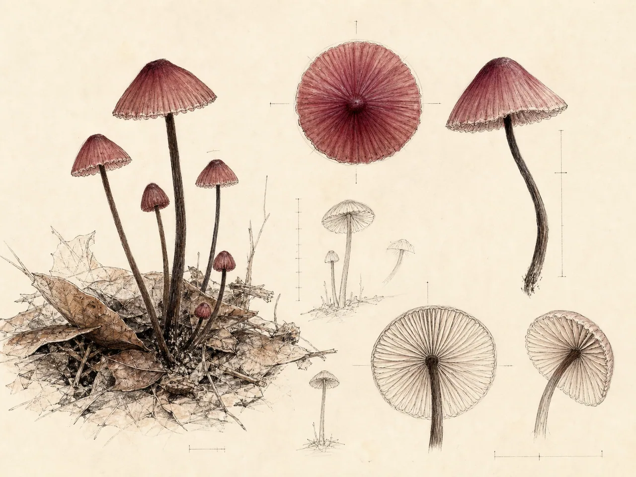 Lámina ilustrada de Marasmius haematocephalus con hábito, vista del píleo, laminillas y escala.