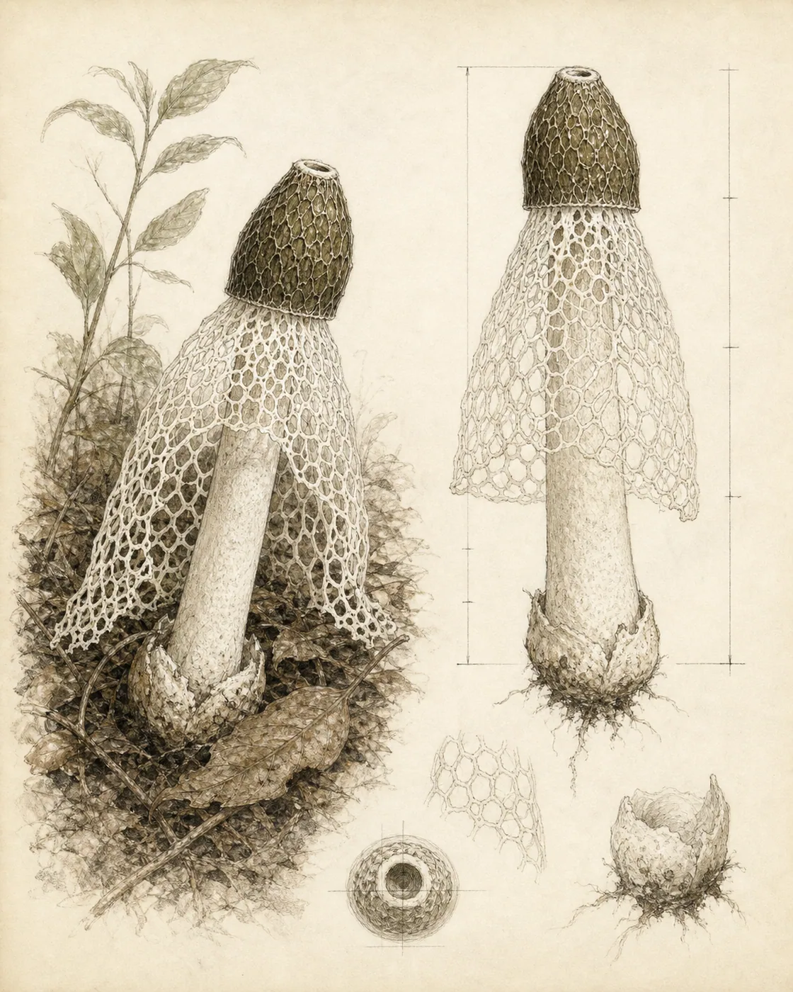 Lámina ilustrada de Phallus indusiatus con basidioma completo, indusio, receptáculo y volva.